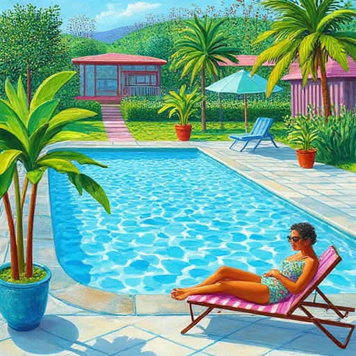 Generate an image of a serene poolside scene in the style of David Hockney. The composition should include a clear blue swimming pool with rippling water, surrounded by vibrant green foliage and modernist architecture. The scene is bathed in bright sunlight, casting sharp shadows. Include a figure lounging on a deck chair, wearing a colorful swimsuit and sunglasses, capturing the essence of a relaxed summer afternoon.