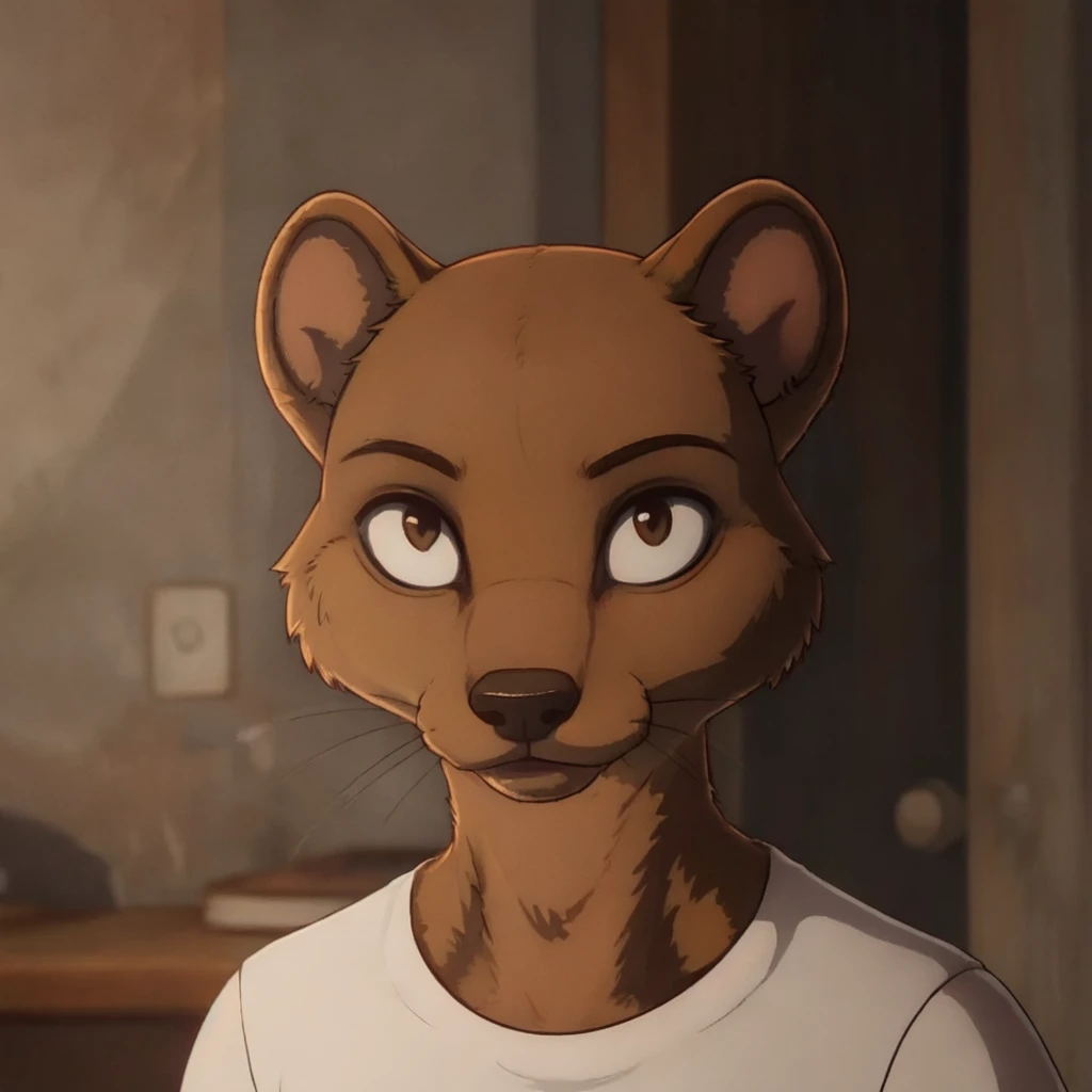 <lora:KaiBS:0.7>, KaiBS, mongoose, anthro, looking at viewer:1.2, inside, portrait, blurry background, t-shirt, close up, detailed fur