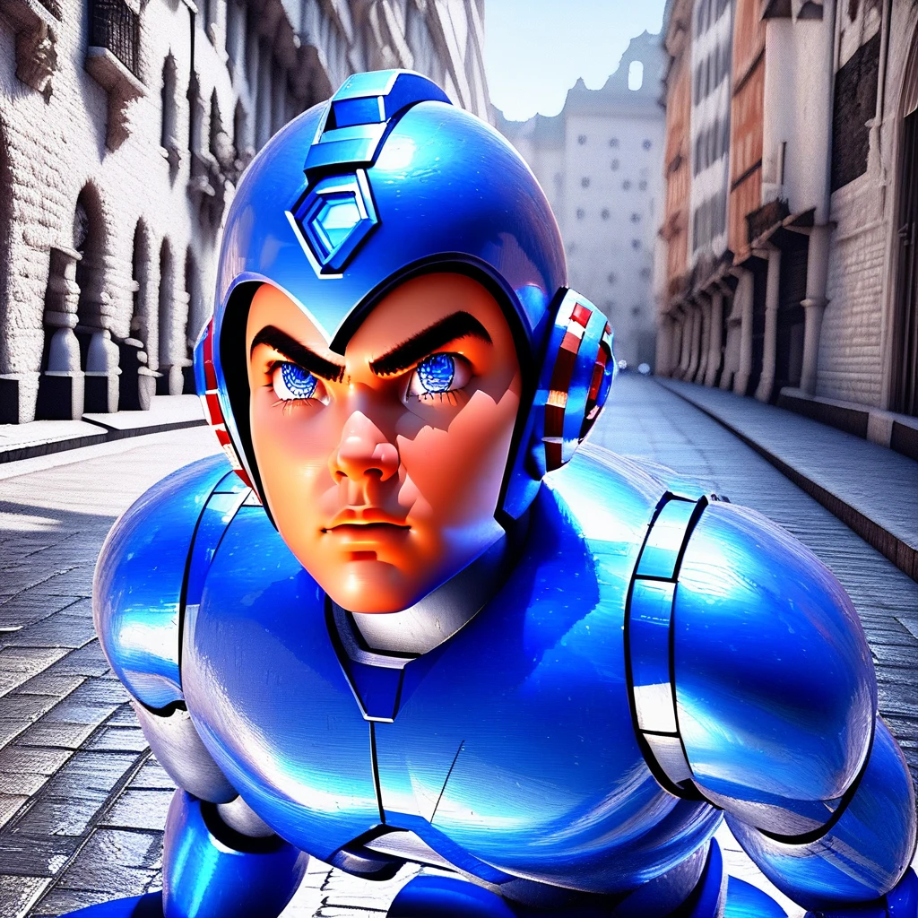 megaman, kneeling on a street, street level, blue robot, 3d++, smooth, high details, masterpiece, 4k, (handsome teen face), (realistic face:1.5), (high detailed face:1.5), (high detailed eyes:1.5), (serious), (focused)