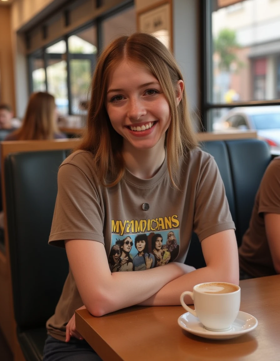 <lora:Myra_Moans:1> realistic photo of  1girl, myramoans, wearing a band t-shirt,  sitting in a cafe having a coffee, smiling, looking at viewer.