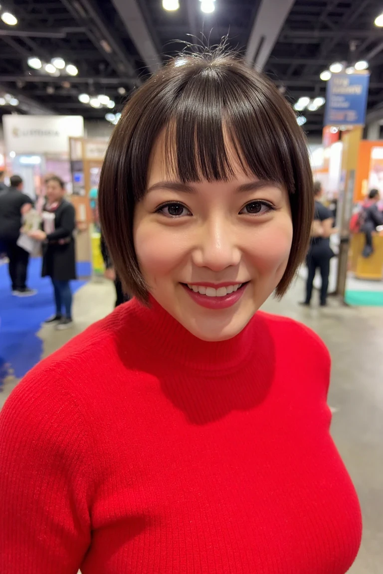 A photo of a woman with short hair and bangs wearing a vibrant red sweater smiling at a convention
 <lora:KahoFlux:1>