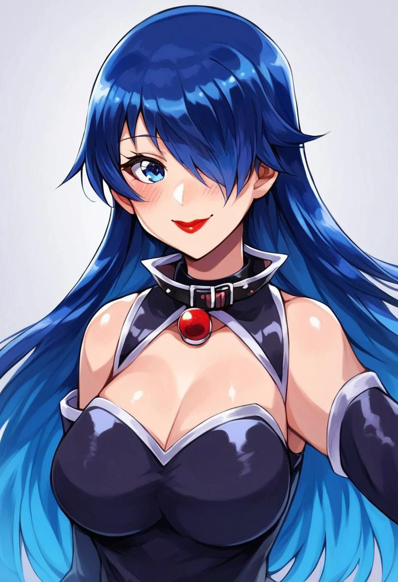 score_9, score_8_up, score_7_up, rating_safe,
Mairimashita,
1girl, solo, long hair, breasts, looking at viewer, blush, smile, bangs, blue eyes, large breasts, black hair, closed dress, gloves, dress, closed mouth, blue hair, upper body, multicolored hair, elbow gloves, hair over one eye, collar, lips, gradient hair, red lips,