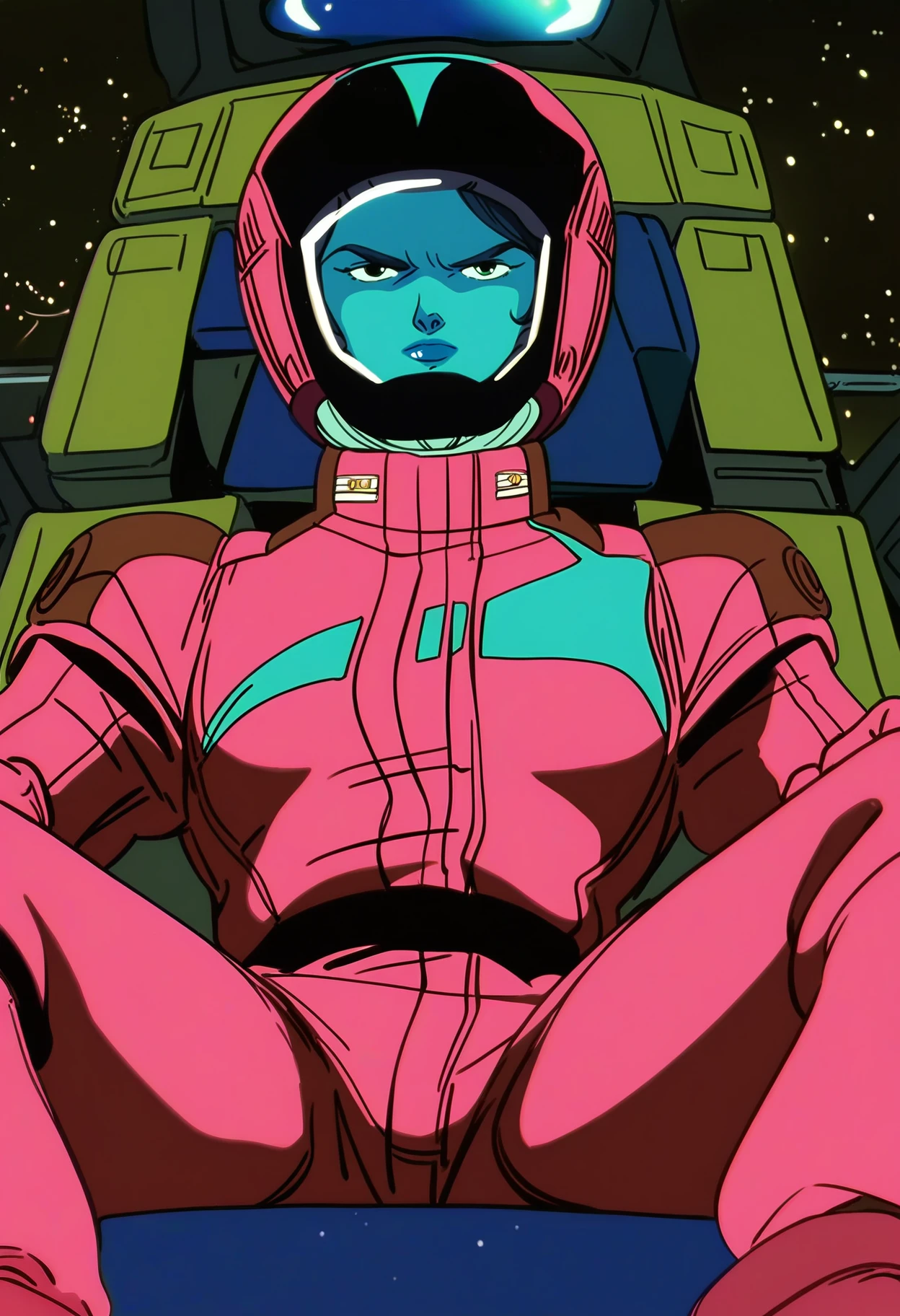 score_9, score_8_up, score_7_up, score_6_up, source_anime, anime screencap, anime coloring, <lora:LilaMillaRira_epoch_9:0.8>, LilaMillaRira, blue visor,
pink helmet, pink gloves, pink spacesuit, pink boots,
sitting, legs apart, looking at viewer, serious, 
BREAK cockpit, space,