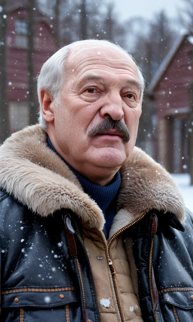 from front,upper body,looking_at_viewer,solo,(detailed face),solo,score_9, score_8_up, score_7_up, 1boy,lukashenko,grey-hair,moustache,solo,old,old man,aged_up,dark color cotton jacket,winter,snow,outdoor