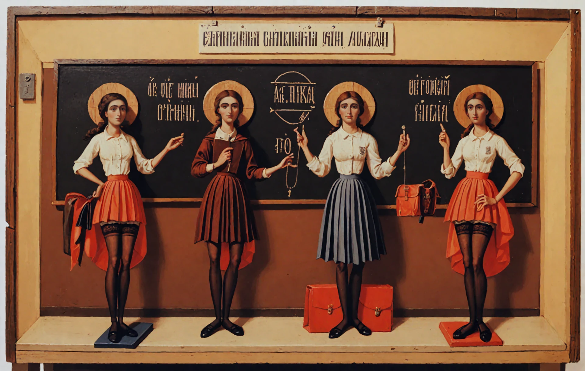 <lora:orthodox-icons_pony_v3:1>  ' ' a orthodox icon created in 500 ,icon \(genre\),oriantal orthodox \(style\), a wooden panel showing Standing before the blackboard, the new teacher at school commands attention. Her attire, a crisp unbottened satin blouse paired with a pleated skirt, is accented by the subtle allure of (laced stockings), adding a touch of fragile femininity to her slender authoritative presence in the classroom. She is revealing her perky protuberant feminity, exposing long narrow calves, (narrow waist), and her gently protuberant skinny curves with fragile, yet authoritative and distiguished feminity, score_9, score_6_up, score_7_up