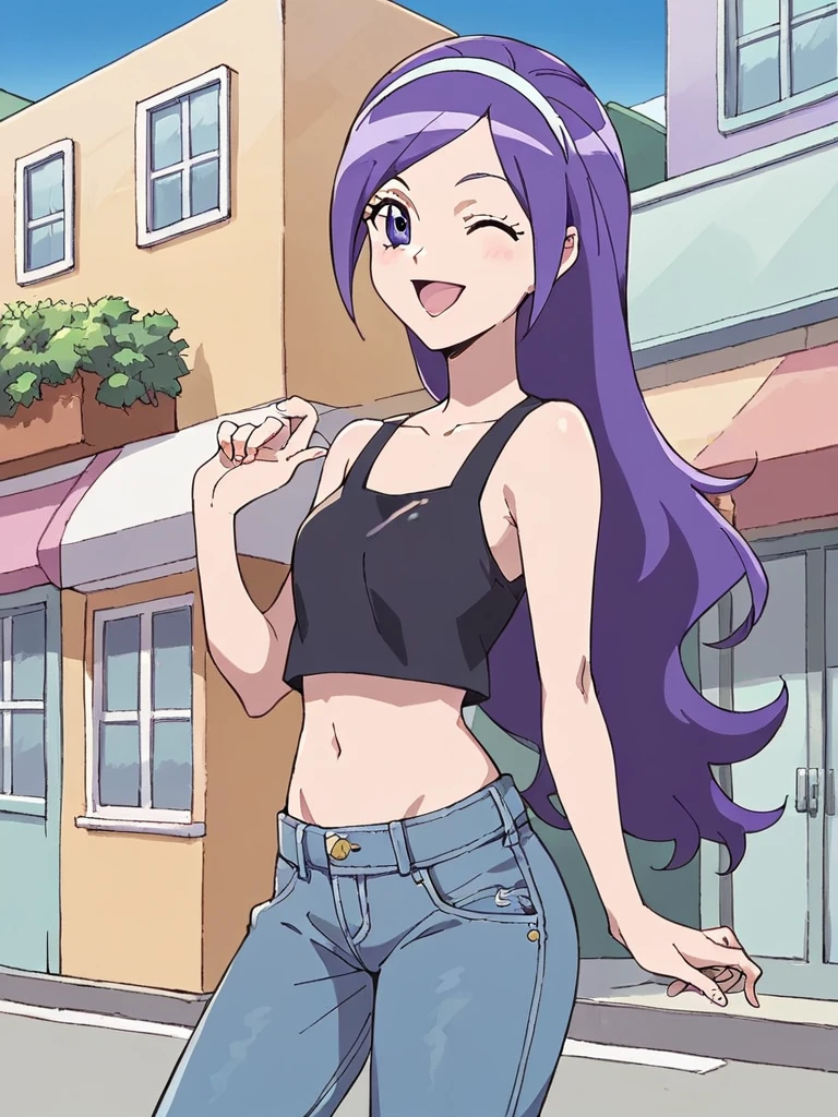 score_9, score_8_up, score_7_up, 
1girl, aono miki, purple hair, purple eyes, long hair, white hairband,

looking at viewer, smile, happy, wink, open mouth,

standing, outdoors, city, street, solo, black tank top, crop top, jeans, baggy pants, 