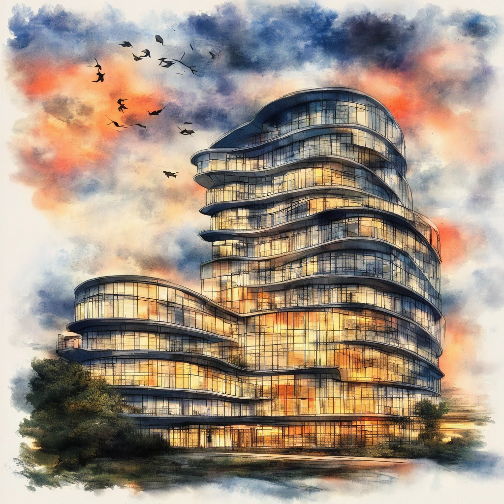 modern architecture curved building , clouds, birds, architecture watercolor sketches style, warm tone, night scene, warm light from the windows. <lora:test:1>