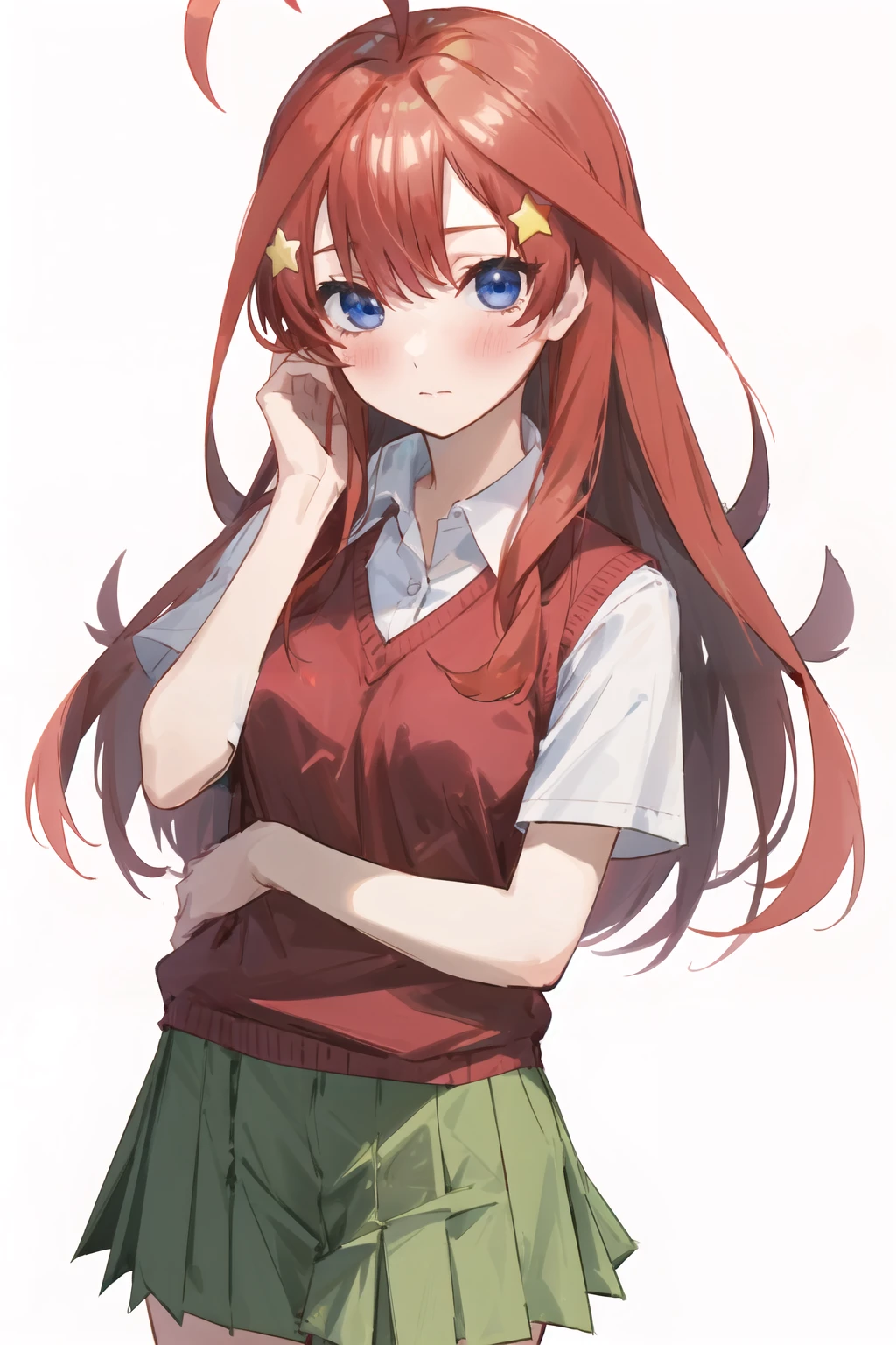 1girl,blue eyes,long hair,nakano itsuki,red hair,solo,blush,star(symbol),bangs,star hair ornament,ahoge,hair between eyes,blush,
white shirt,collared shirt,sweater,school uniform,(red sweater),short sleeves,green skirt,
cowboy shot,looking at viewer,simple background,white background,rose,
masterpiece,best quality,<lora:NakanoItsuki v1.1:0.8>,