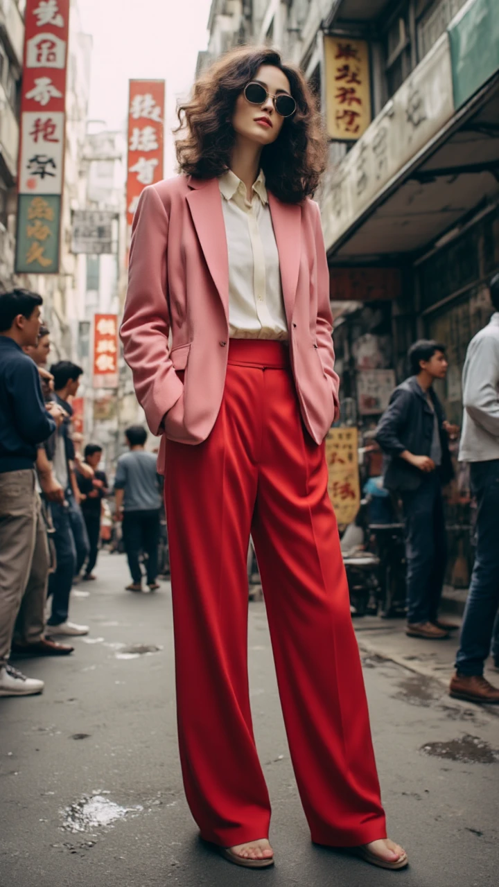 A woman in a pink blazer and red pants stands on a busy street surrounded by people and signs.