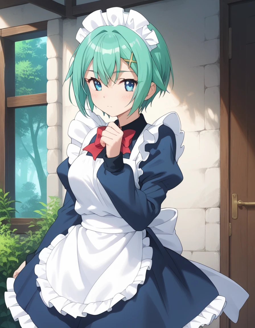 nine_violet, short hair, blue eyes, green hair, aqua eyes, medium breasts, aqua hair, hair ornament
maid headdress, maid, pantyhose, apron
<lora:nine_violet_pony_v1:1>, 
standing, dybamic pose
closed mouth, blush,expressionless
looking at viewer,(cowboy shot,:1.3),
outdoors,, score_9, score_8_up, score_7_up, BREAK source_anime, best quality, masterpiece,very aesthetic, zPDXL2,official art,detailed_eyes,1girl, solo,