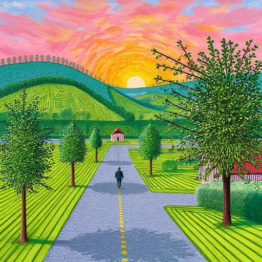 Produce an image of a tranquil countryside road at sunset in the style of David Hockney. The road winds through rolling hills covered in lush greenery, with a few scattered trees and a distant farmhouse. The sky is painted with warm hues of orange, pink, and purple as the sun sets. Include a figure walking along the road, casting a long shadow. The overall mood should be peaceful and reflective, with a focus on the natural beauty of the landscape.