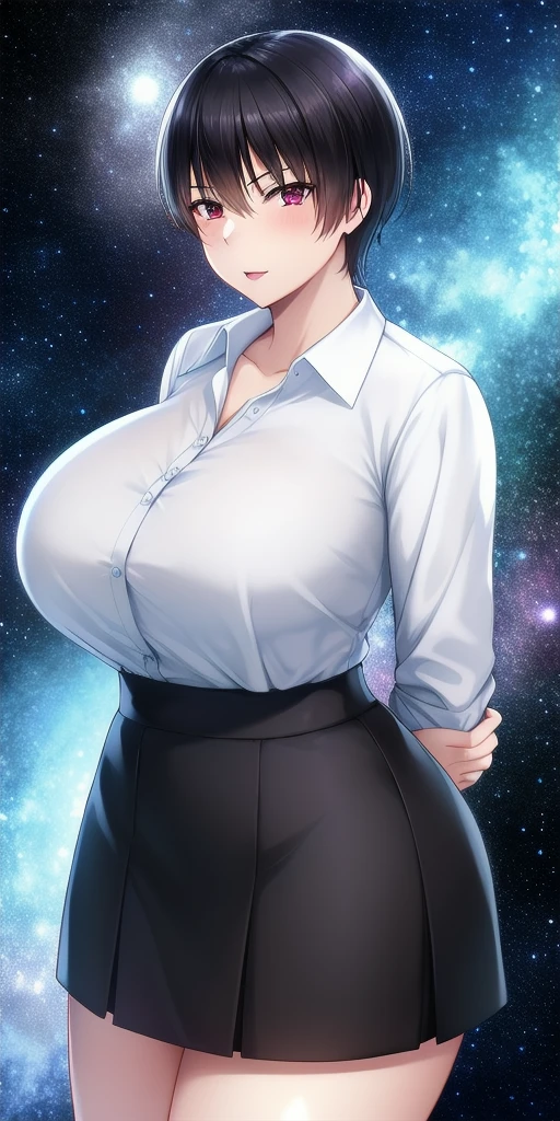 <lora:KaoruMizutaniV4:0.7> kaoru_mizutani, huge_breasts, standing, solo, arms_behind_back, starry_sky, pencil_skirt, dress_shirt, black_skirt, white_shirt,, masterpiece, best_quality, detailed_face, detailed_eyes, highres, beautiful, detailed, absurdres,