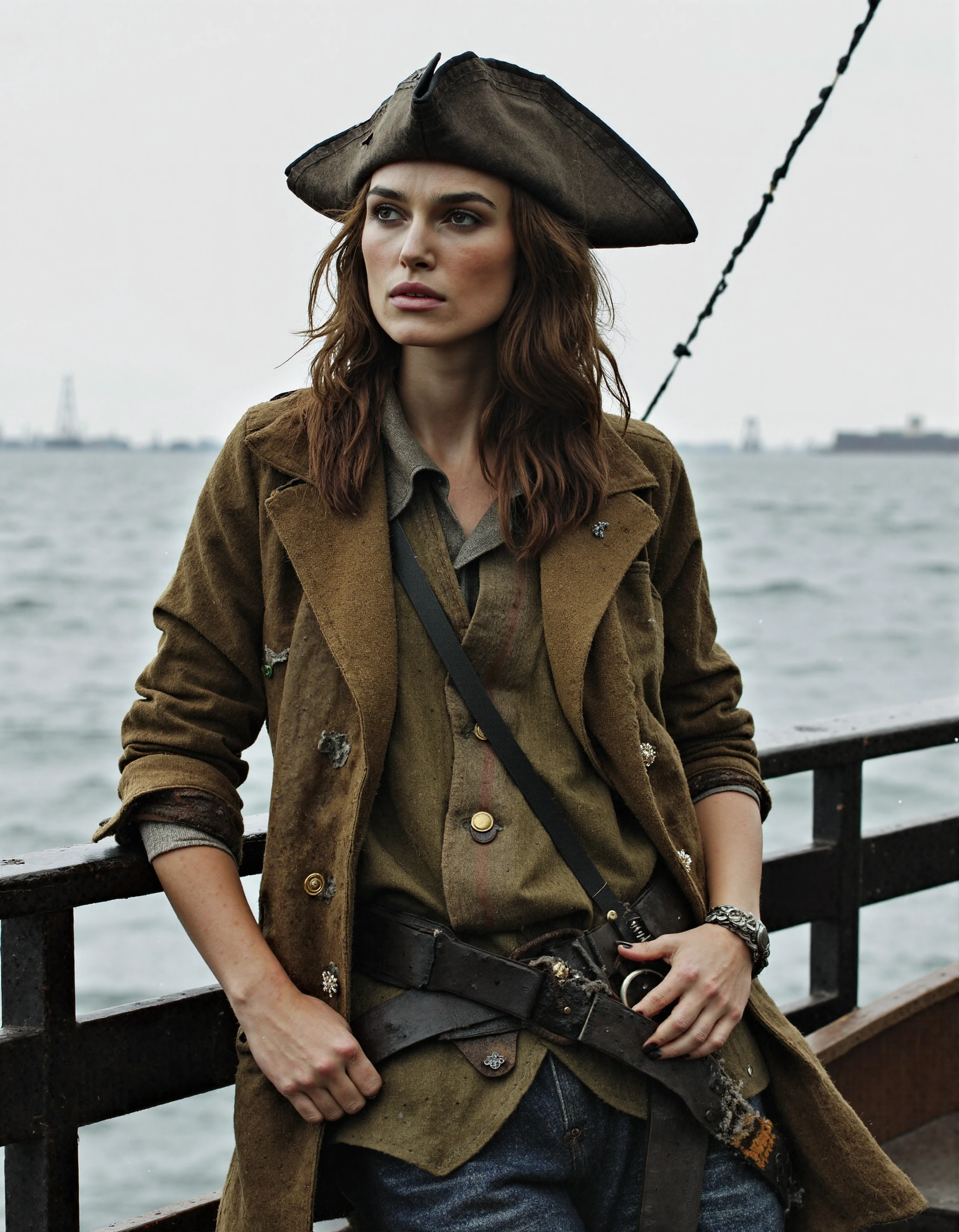 A fierce and determined woman keira knightley stands on the deck of a pirate ship, dressed in rugged, weathered pirate attire. She wears a worn tricorn hat that partially shades her face, and her long, brown hair is tousled by the sea breeze. Her outfit includes a brown leather coat with brass buttons, a vest, and a wide belt that holds a sheathed sword at her side, emphasizing her readiness for battle. Her stance is strong and confident as she leans casually against the ship's railing, gazing out over the open sea with a look of resolve and purpose. The overcast sky and choppy waters in the background add to the sense of adventure and danger, as she prepares to face whatever challenges lie ahead on the high seas. This scene captures the spirit of a bold and fearless pirate, ready to command her destiny.<lora:keira_knightley_r8_1600_flux_lora_v1_000002600:1>