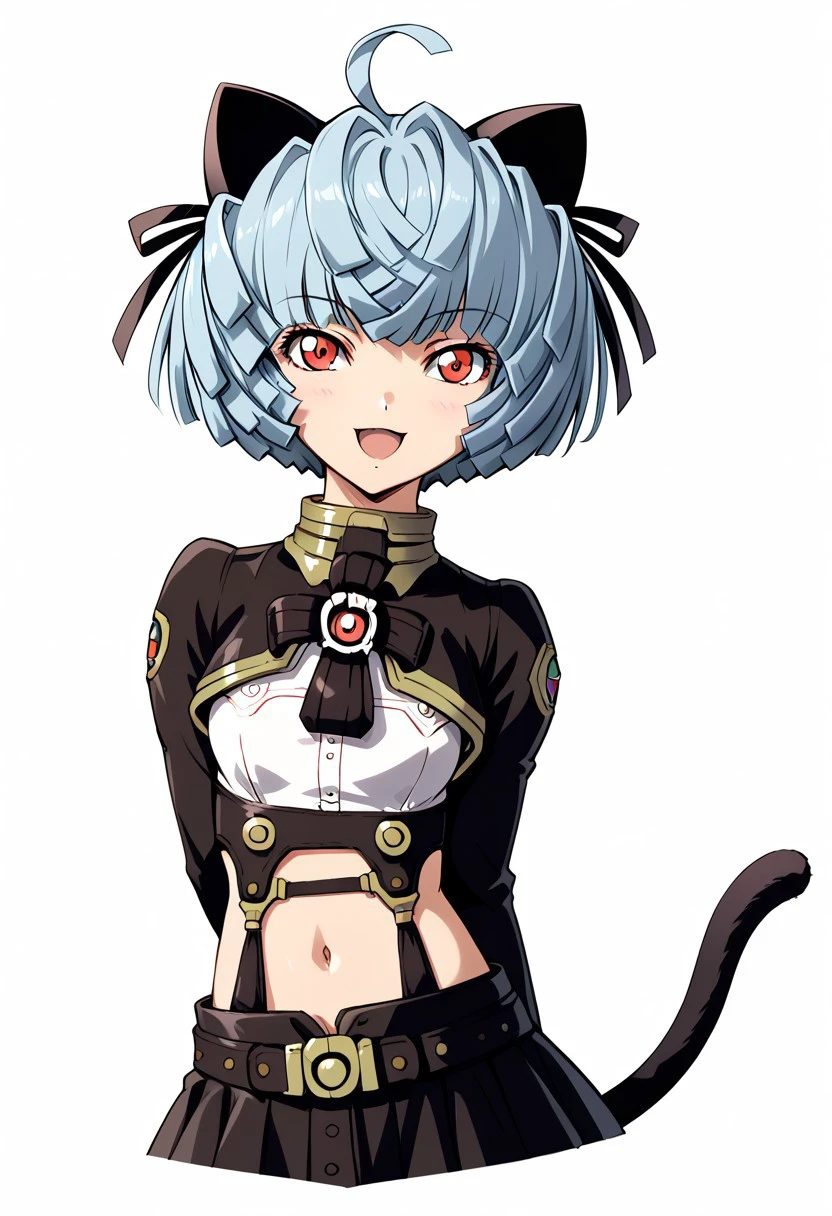 score 9, score 8 up, score 7 up, mobile suit gundam 00, gundam 00, hayana, 1girl, solo, red eyes, tail, short hair, dated, blue hair, cat tail, skirt, navel, open mouth, smile, breasts, looking at viewer, animal ears, cat ears, black skirt, ahoge, cropped jacket, arm behind back, white background, bow, Garter straps, garter belt