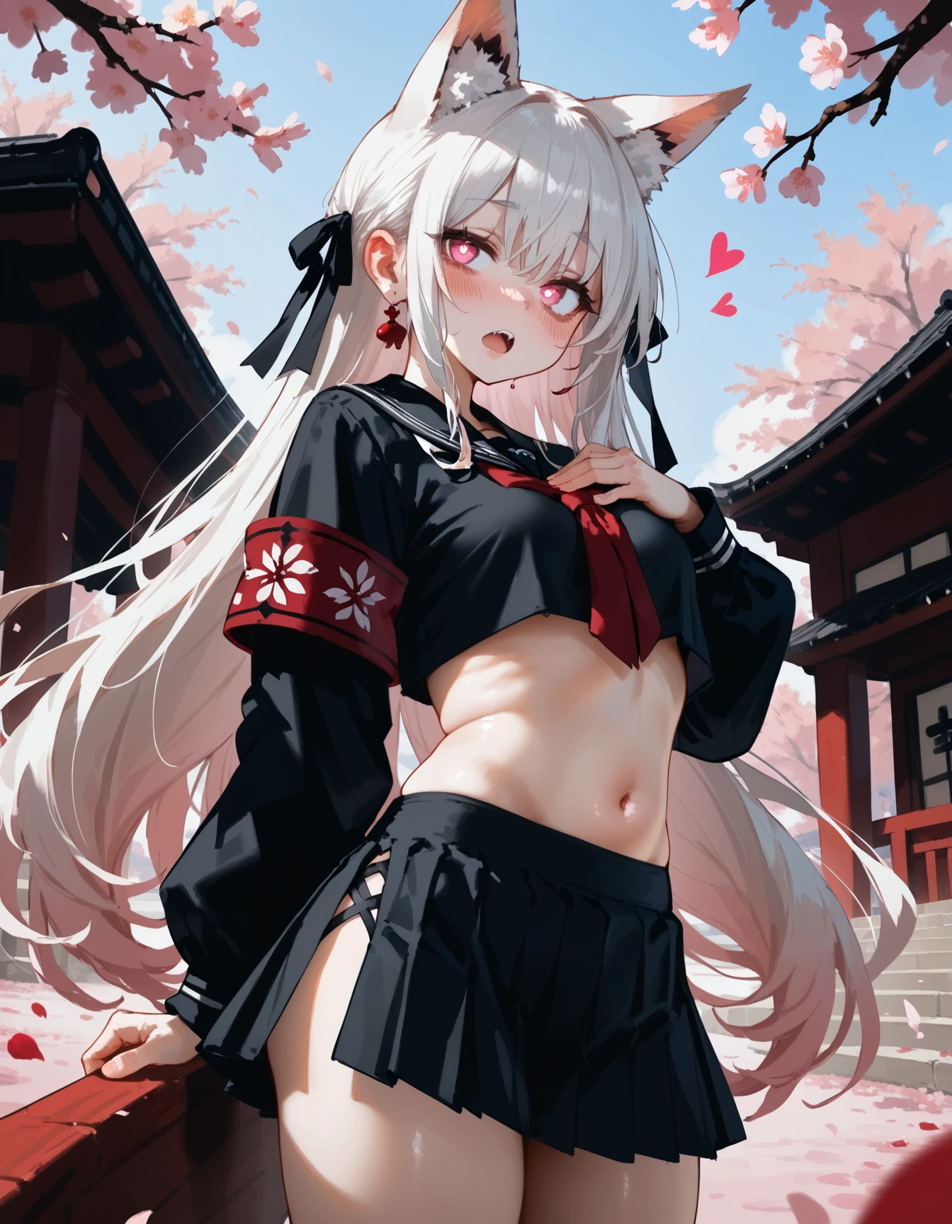 score_9, score_8_up, score_7_up,score_6_up, score_5_up, score_4_up, 1girl, animal ear fluff, animal ears, armband, bags under eyes, black shirt, black skirt, blush, breasts, cherry blossoms, cowboy shot, ear blush, extra ears, faux text, fox ears, fox girl, from side, groin, hair between eyes, hand on own chest, heart, heart-shaped pupils, long hair, long sleeves, looking at viewer, midriff, navel, open mouth, petals, pink eyes, pleated skirt, puffy sleeves, raised eyebrows, shirt, side slit, skirt, small breasts, solo, stomach, symbol-shaped pupils, teeth, white hair,