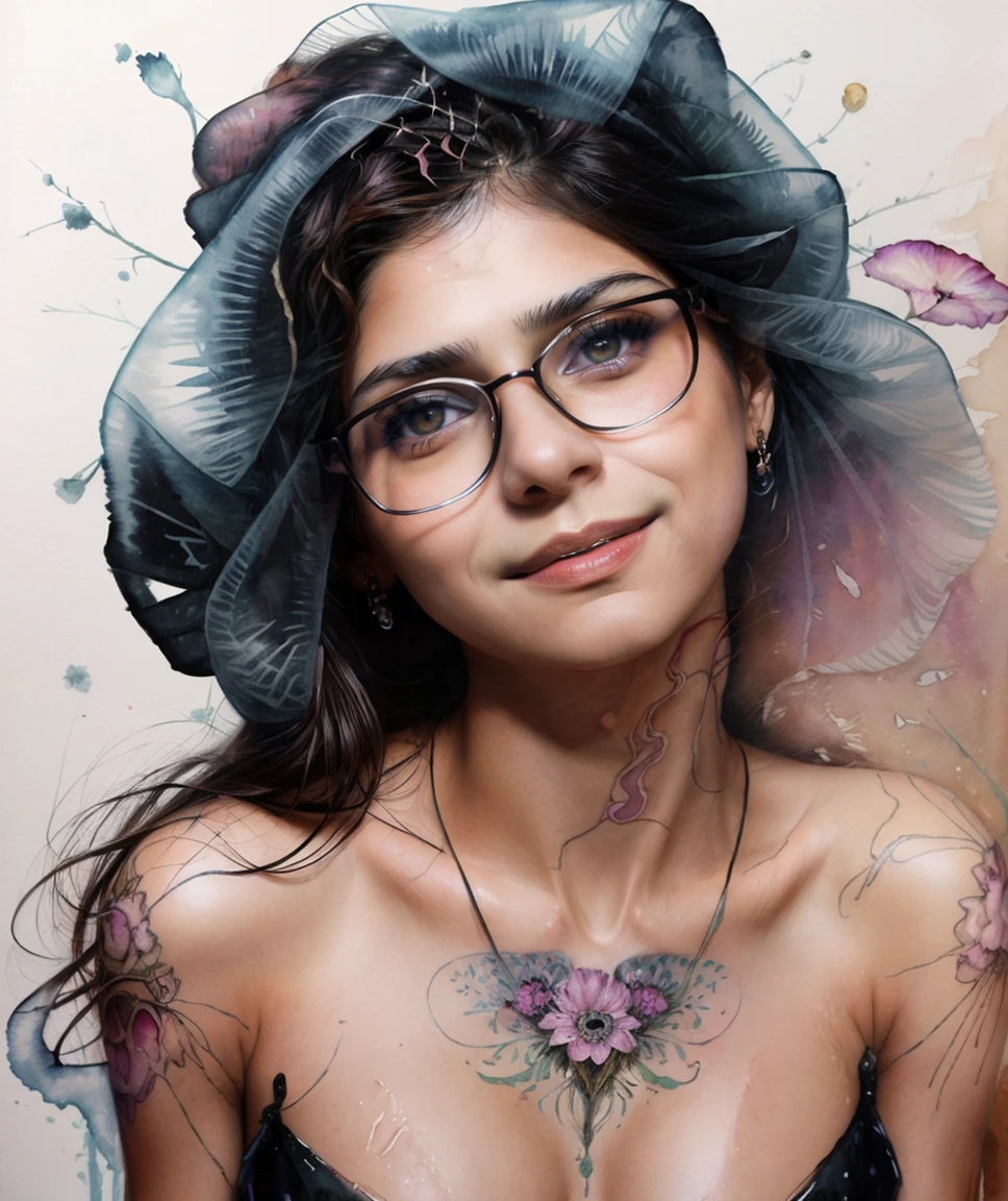 <lora:quiron_MiaKhalifa_v030330_Lora:0.77> miaKhalifaQuiron, 1girl, realistic, jewelry, long hair, looking at viewer, brown eyes, lips, black-framed eyewear, smile, MakeUp,, lady of the winter, sexy and mysterious silhouette, billowing transparent veil, watercolor painting by Zdzislaw Beksinski and George Buckett, inspired by Egon Schiele and Gustav Klimt, Carne Griffiths and Agnes Cecile, artistic photorealism, smooth, amazing depth,,