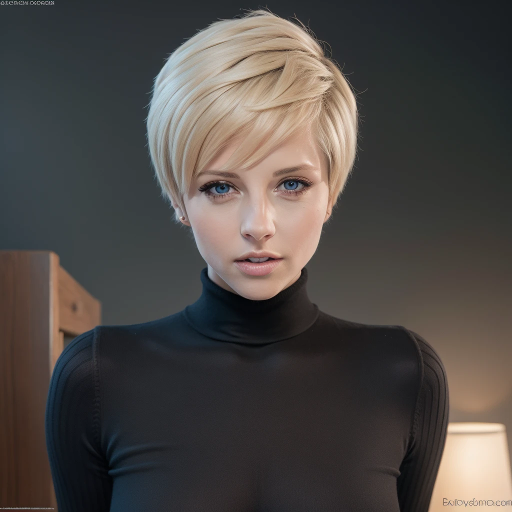 Best_QualityPos, RAW photo, intricate details, best quality, 8k uhd, soft lighting, 1girl, solo, makenna, short hair, blonde hair, blue eyes, black turtleneck sweater <lora:Makenna_Blue:0.7>