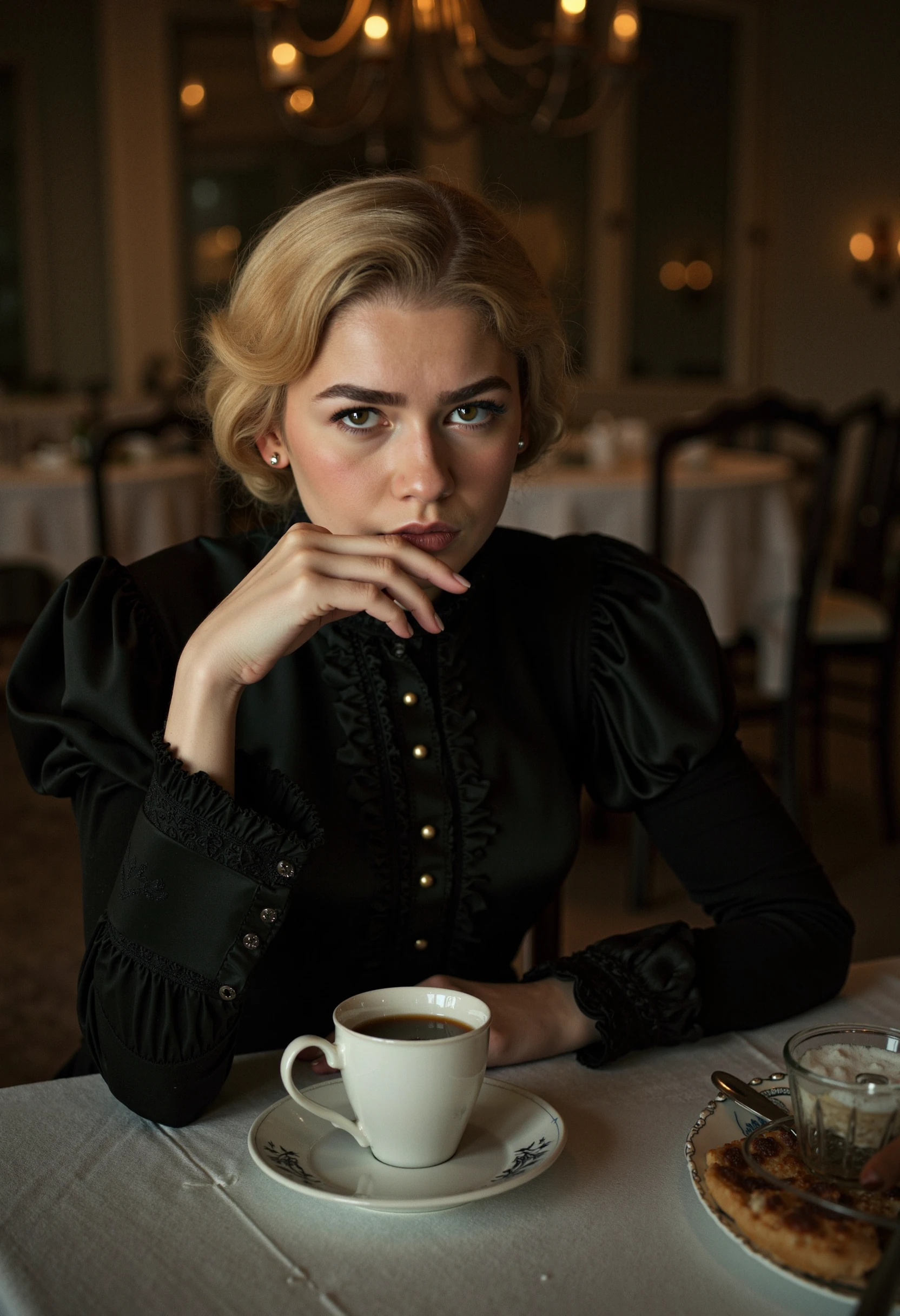 a victorian dining room, a young woman with blonde hair and black eyes, in dark victorian clothing, seated and drinking some tea with a pensive expression
