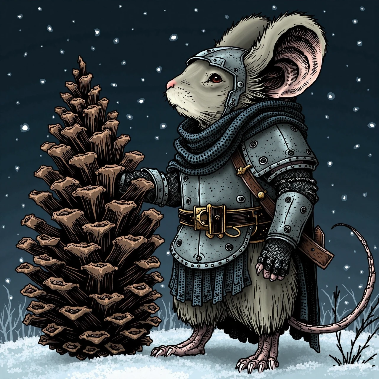 Hand drawn epic portrait illustration of a dark grey mouseguard mouse, snow storm background, wearing chainmail armor, standing next to a giant pine cone