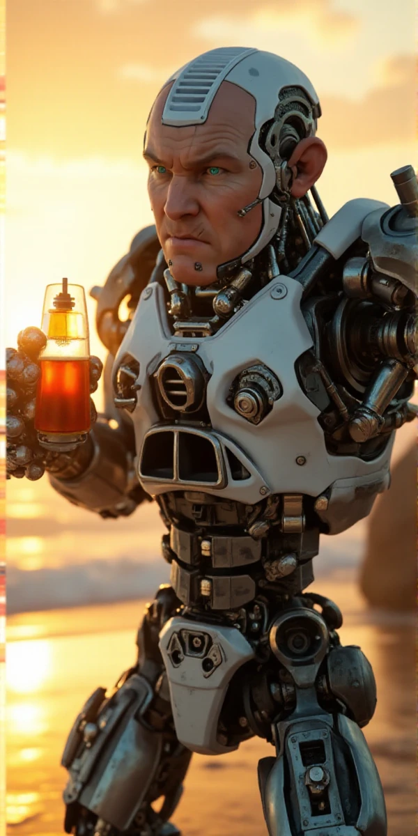 Grewishka, a giant bald science fiction robot with a white man face and blue eyes, is having a cocktail on the beach by sunset   <lora:Grewishka:1>