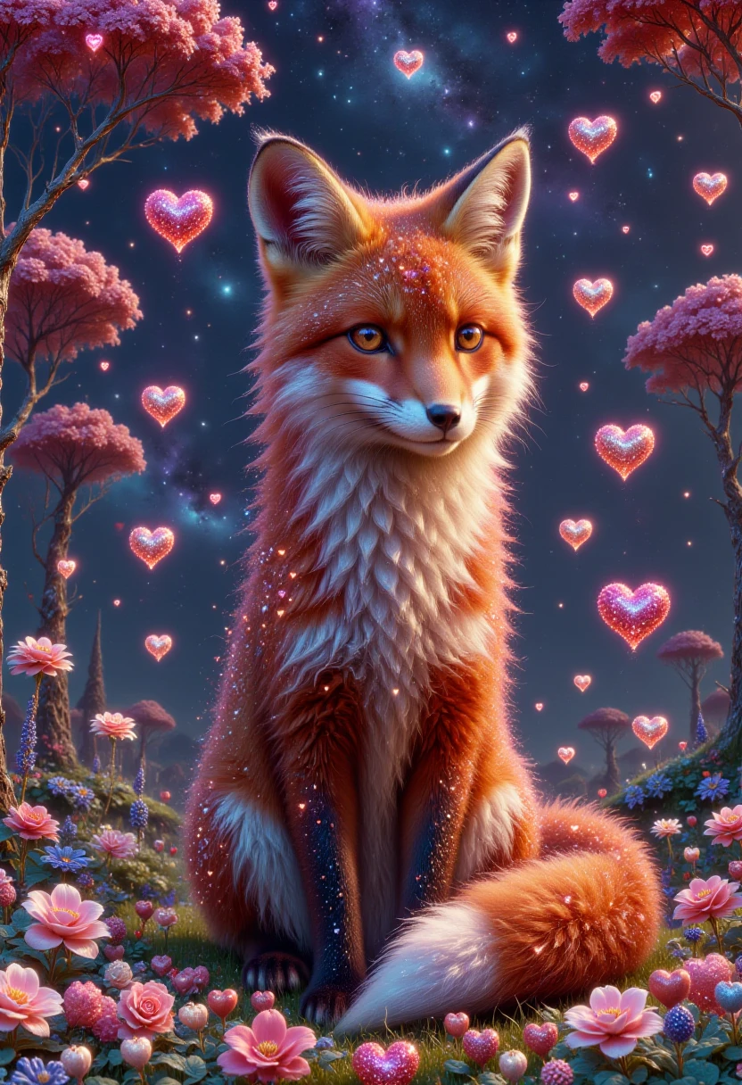 sweetlove, hearts, glitters,A fox with nine tails, each one shining like a separate star in the night sky