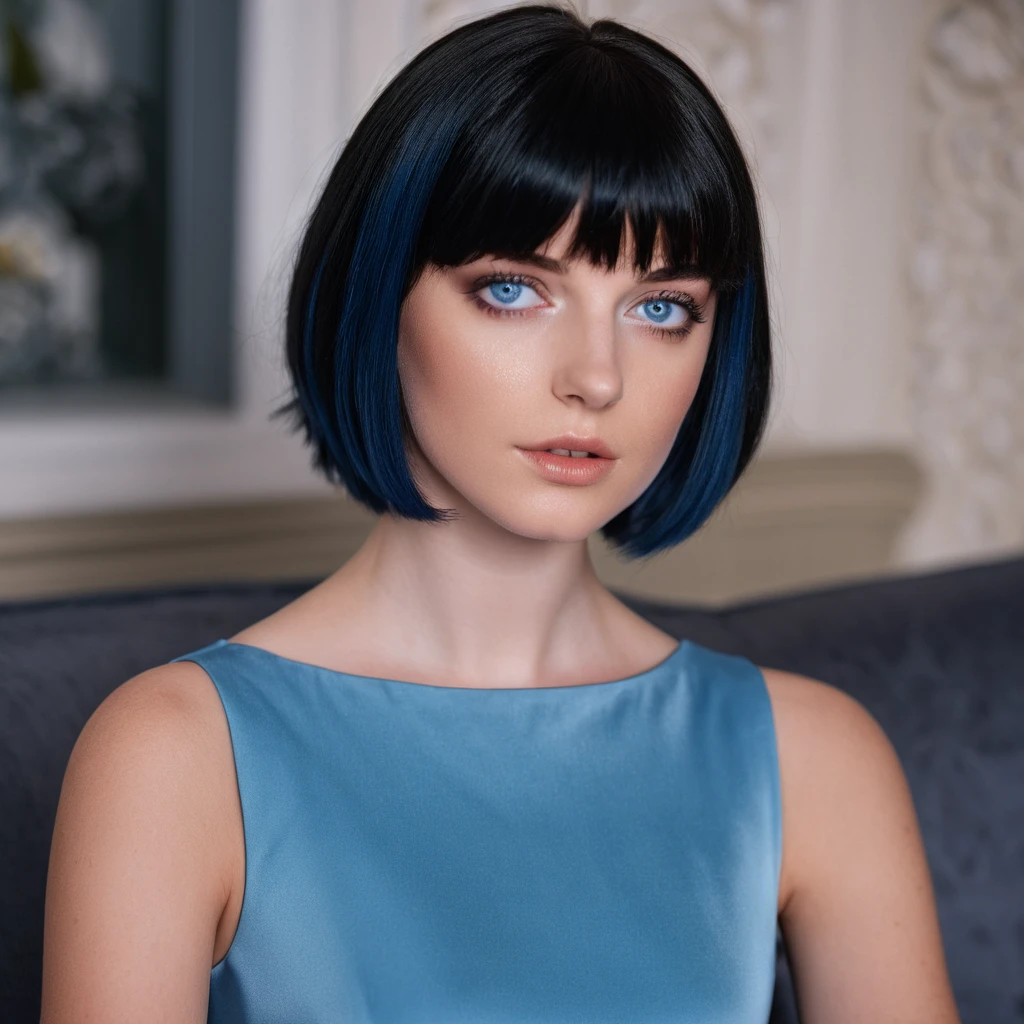 <lora:dmc5lady_08XL-000008:0.9>(dmc5lady woman:1.1) as a fashion model,(heterochromia:1.5),1girl,wearing an elegant blue dress,sitting on a sofa, (close up:1.2),with short black hair,with perfect makeup,with bangs,35mm photograph, film, bokeh, professional, 4k, highly detailed, masterpiece, award-winning, professional, highly detailed