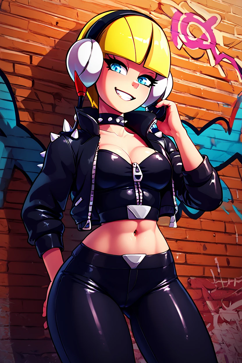 score_9, score_8_up, score_8, medium breasts, (curvy), cute, eyelashes,       BREAK, , aaElesa, blonde hair, short hair, blunt bangs,  <lora:ElesaPokemonPDXL:0.7>,, BREAK, smile, looking at viewer,  leather jacket, leather pants, black jacket, tight pants, black choker, zipper, biker clothes, spikes,  multiple belts, shiny clothes, high collar, (graffiti:1.2), brick wall, cowboy shot, embedding:zPDXL, Expressiveh, <lora:theOtherHalfPDXL:0.8>,  <lora:CatalystStylePDXL:0.6>,  <lora:SDXLFaeTastic2400:0.5>,  <lora:Expressive_H-000001:0.4>,