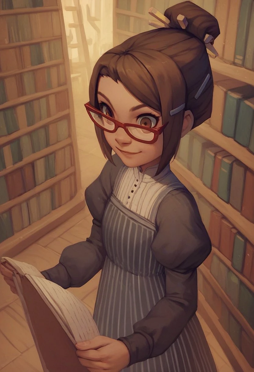 score_9_up, score_8_up, score_7_up, score_6_up, 1girl, solo, elmira_clamp, red-framed eyewear, striped dress, puffy sleeves, single hair bun, hair ornament, brown eyes, hair stick, in a library, smile, (painted art)