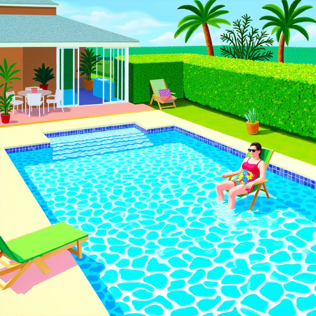 Generate a painting of a serene poolside scene in the style of David Hockney. The composition should include a clear blue swimming pool with rippling water, surrounded by vibrant green foliage and modernist architecture. The scene is bathed in bright sunlight, casting sharp shadows. Include a figure lounging on a deck chair, wearing a colorful swimsuit and sunglasses, capturing the essence of a relaxed summer afternoon.