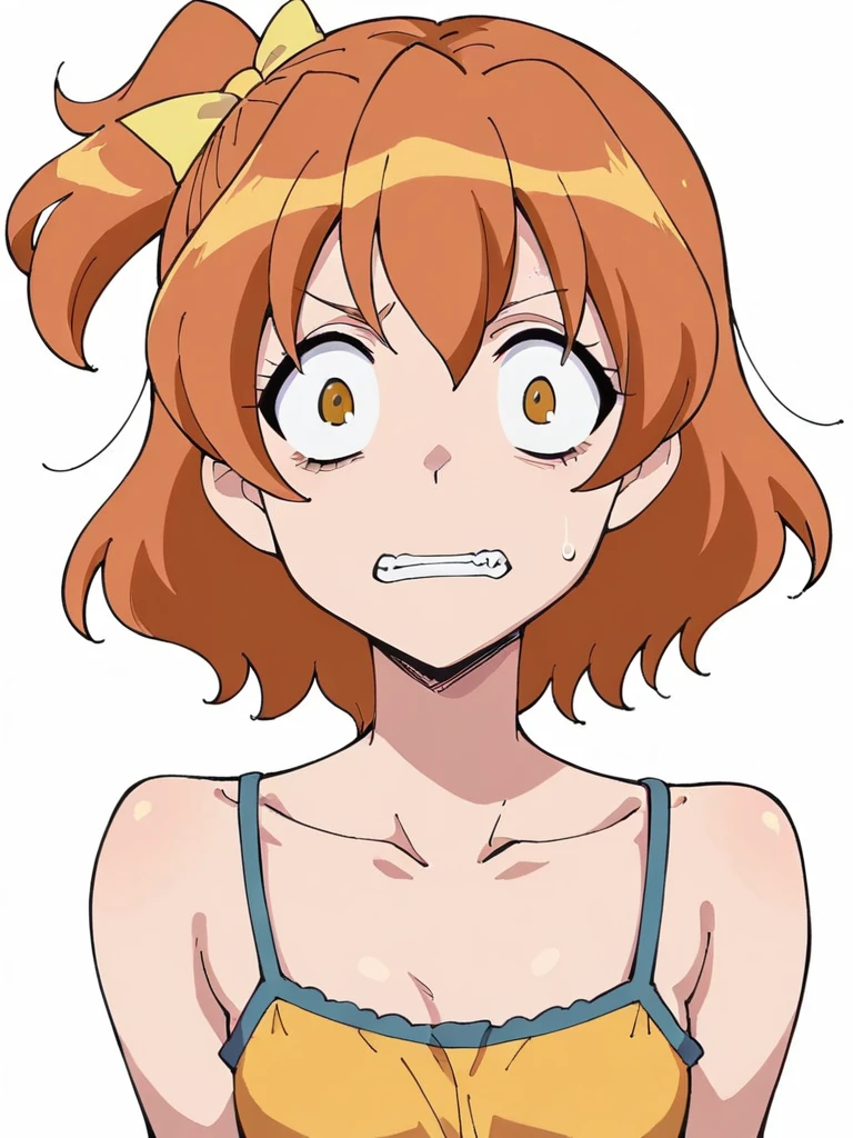 score_9, score_8_up, score_7_up, 
1girl, yamabuki inori, orange hair, brown eyes, medium hair, one side up, yellow ribbon, hair ribbon,

face, wide-eyed, constricted pupils, clenched teeth, looking at viewer camisole, collarbone, white background,  



