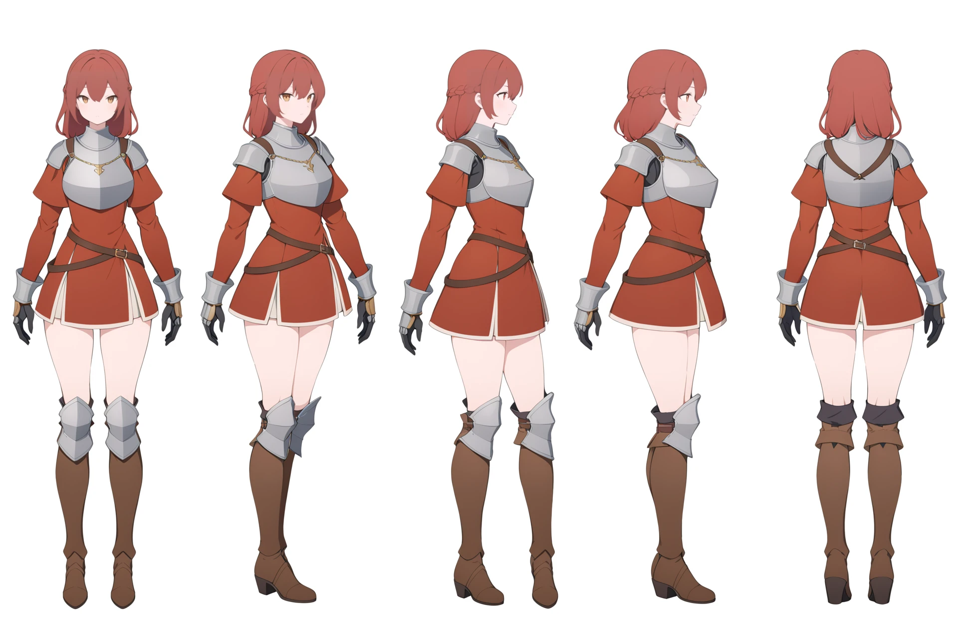 (VIEWS:0),  full body character turnaround of 1girl, Multiple views of the same character in the same outfit,  simple background, white background,
(theme:0),  medieval, fantasy, Dungeon And Dragon,
(rank:0), female character, knight, medieval armor, red tunic, silver breastplate, greaves, gauntlets, brown boots, leather belt, gold buckle, armed stance, historical costume, full-body suit,
<lora:bg3TurnXL_v1_pony:0.1>
<lora:Witcher3turn_v1_Pony:0.1>
<lora:medieval2turn_v1_Pony:0.1>
<lora:CharTurnXL_v4_Pony:0.1>
<lora:bg3TurnXL_v1:0.1>
<lora:Witcher3TurnXL_v1:0.6>
<lora:Medieval2TurnXL_v1:0.1>
<lora:CharTurnXLRetag_v4:0.1>