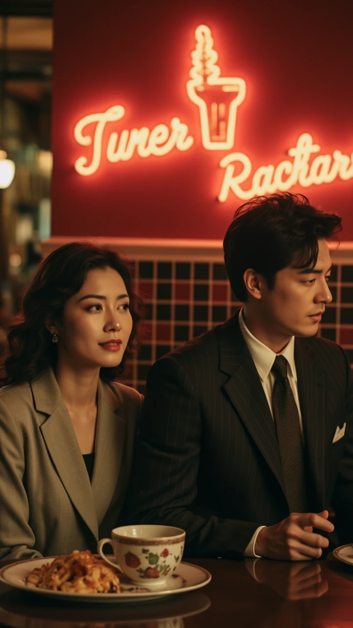 A man and a woman are in a restaurant with a neon sign in the background.