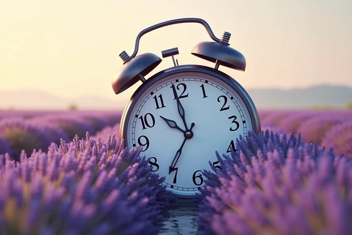 A surreal image featuring a giant clock in the middle of a lavender field, melting in a Geopressionist style. The clock appears to be partially submerged and blending with the lavender, creating a dreamlike effect. The scene is illuminated by warm, diffused sunlight, enhancing the vibrant purple hues of the lavender. The composition focuses on the clock's distorted, melting form, set against the expansive, tranquil field.