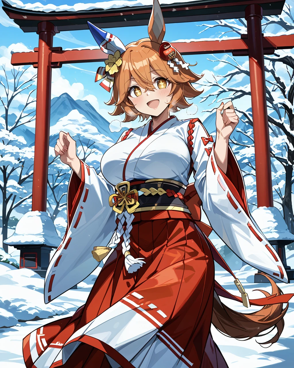 score_9,score_8_up,score_7_up,2D animation style,source_anime,anime screencap,rating_explicit,best quality,masterpiece,Japanese Anime Style,solo,smile,looking at viewer,simple background,white background,<lora:uma_matikanefukukitaru_ponyxl:0.9>,matikanefukukitaru (umamusume),orange hair,short hair,yellow eyes,cross pupils,+_+,horse ears,single ear cover,horse tail,horse girl,cowboy shot,open mouth,outdoor,miko,((red skirt)),wide sleeves,shrine,snow,long skirt,big breasts,underbust,red sash,hands_on_lap,white breathing,red ribbon,hands up,