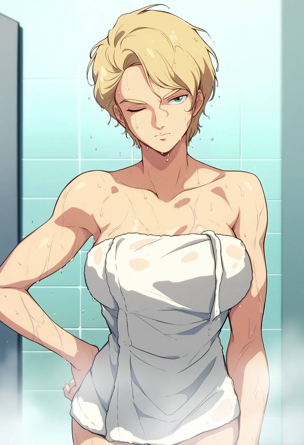 score_9, score_8_up, score_7_up, score_6_up, <lora:LilaMillaRira_epoch_9:0.8>, LilaMillaRira, short hair, blonde hair, green eyes, large breasts, 
standing, naked towel, looking at viewer, one eye closed, sweat, wet, hand on own hip, portrait, wet hair, 
BREAK indoors, shower \(place\),