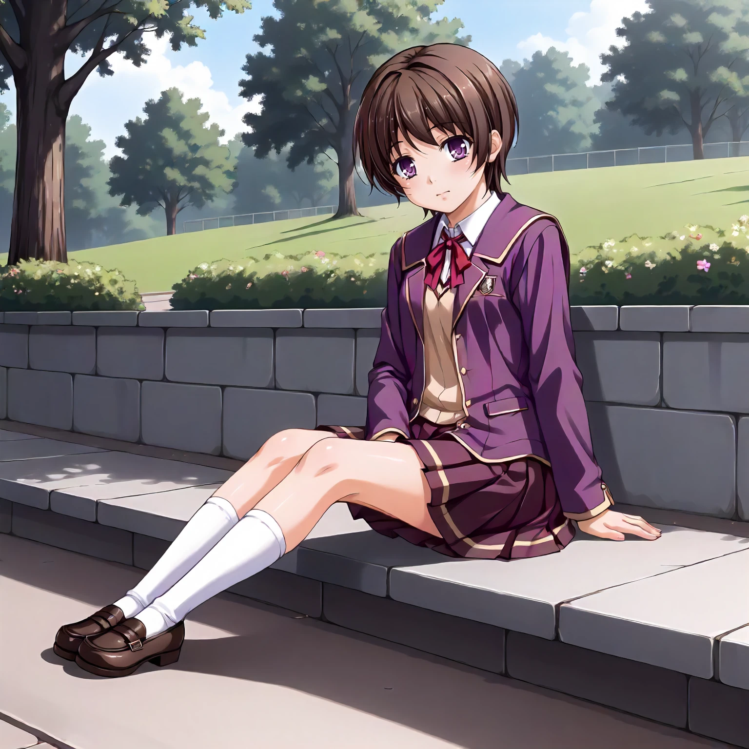 <lora:SDG_YukiHonjoXLpony001:0.8>,
outdoors,nature,
solo,
YukiHonjo,1girl,brown hair,short hair,purple eyes,
school_uniform,neck ribbon,purple jacket,
pleated_skirt,
socks,mary janes,
sitting,