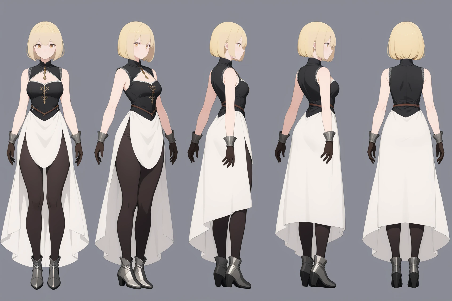 (VIEWS:0),  full body character turnaround of 1girl, Multiple views of the same character in the same outfit,  simple background, white background,
(theme:0),  medieval, fantasy, Dungeon And Dragon,
female character, anime style, long dress, white and black outfit, high-low skirt, gloves, metallic boots, blonde hair, bob cut, lace trim, sleeveless dress, formal attire,
<lora:bg3TurnXL_v1_pony:0.1>
<lora:Witcher3turn_v1_Pony:0.1>
<lora:medieval2turn_v1_Pony:0.1>
<lora:CharTurnXL_v4_Pony:0.1>
<lora:bg3TurnXL_v1:0.1>
<lora:Witcher3TurnXL_v1:0.1>
<lora:Medieval2TurnXL_v1:0.6>
<lora:CharTurnXLRetag_v4:0.1>