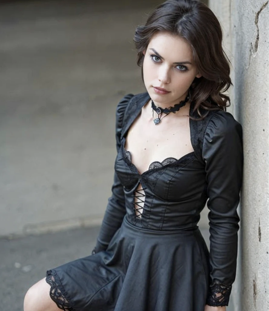 a professional absurdres sharp focus intricately detailed photograph of a beautiful  (Aurelia_Scheppers:1.1), 
18yo, slight smirk, long brown hair, green eyes, 
(In a dark, black gothic vintage-inspired high-necked dress of deep burgundy lace, paired with Victorian-style boots and a choker necklace, complemented by dark, dramatic makeup and a mysterious expression, for a haunting and gothic look), 
 <lora:Aurelia_Scheppers-SDe11:0.8>