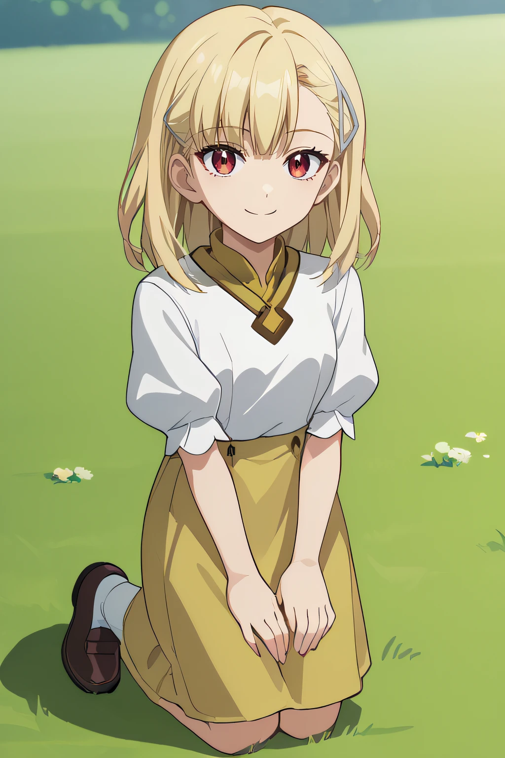 score_9, score_8_up, score_7_up, source_anime, rating_safe, intricate details, anime screencap, official style, 1girl, <lora:PONY_RFRosetta:1>, rosetta, blonde hair, medium hair, hairclip, white shirt, yellow undershirt, short sleeves, puffy sleeves, yellow skirt, red eyes, looking at viewer, outdoor, smile, cowboy shot, hands on knees, kneeling, white socks, full body, on grass, brown shoes