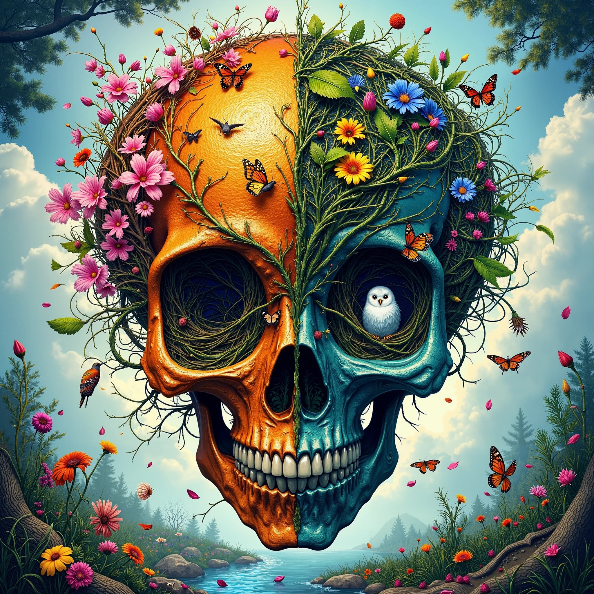 (double exposure:1.3) effect of mushroom skull and strawberry bushes, superimposed on the starry sky landscape, ultra detailed