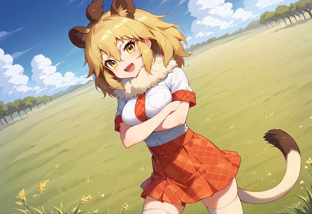 1girl, ((solo)), best quality, ultra-detailed, extremely detailed, perfect anatomy, masterpiece, score_9, score_8_up, score_7_up, Expressiveh, lion (kemono friends), blonde hair, animal ears, tail, yellow eyes, long hair, hair between eyes, white shirt, short sleeves, fur collar, red skirt, plaid skirt, red necktie, plaid necktie, thighhighs, breast pocket, white shoes, standing, open mouth smile, cute look, confident look, looking at viewer, happy, posing, arms folded, arms crossed, outdoors, African savanna background, plains, savanna plains, dutch angle, standing proud, dynamic pose, action pose,