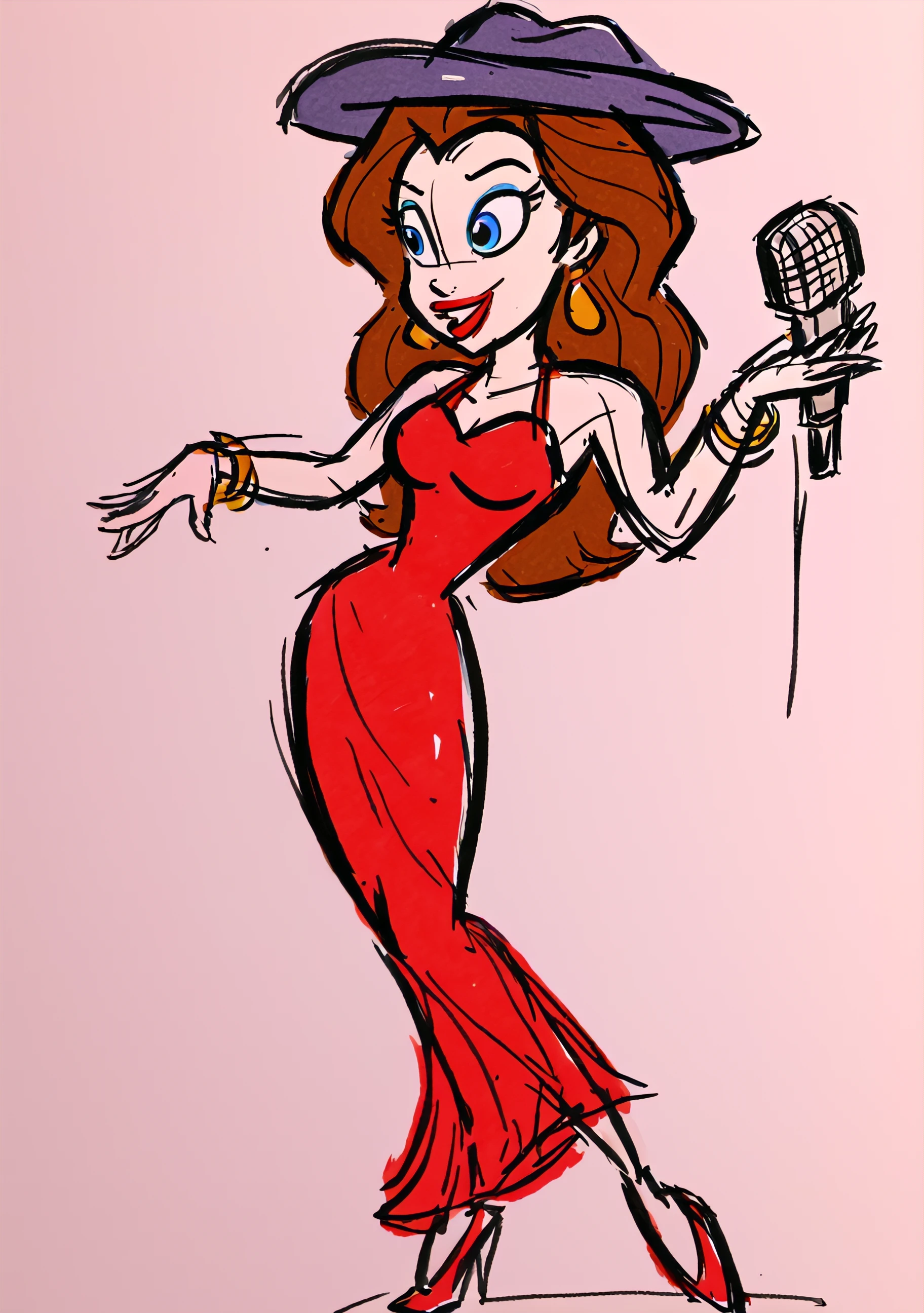 tom bancroft style, 2d drawing, sketch, full body, Pauline dancing and singing into a microphone, Earrings, makeup, long brown hair, hat, blue eyes, red dress