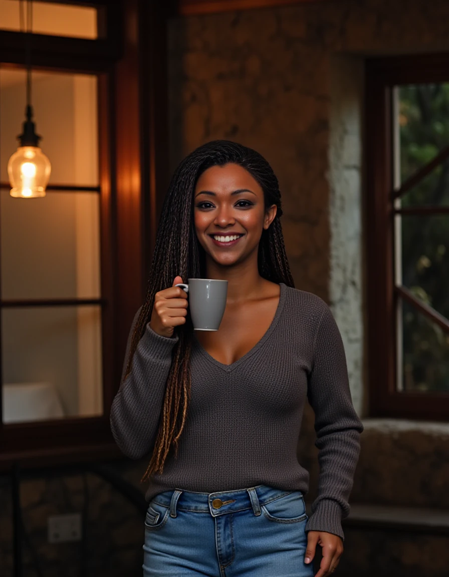 long shot scenic professional photograph of Hyperrealistic portrait photo of  <lora:burnham-flux:1.5> michael, burnham, woman with wearing jeans and a thin v-neck grey sweater  with a sensual smile and a joyful expression, detailed face, skin texture, skin imperfections, dimples, drinking coffee, evening, (small rustic cabin in the woods:1.6) on French village, rustic, outside big window, inside lamps light, , UHD, DSLR, insane details, award-winning photo
, perfect viewpoint, highly detailed, wide-angle lens, hyper realistic, with dramatic sky, polarizing filter, natural lighting, vivid colors, everything in sharp focus, HDR, UHD, 64K, detailed skin texture, (blush:0.5), (goosebumps:0.5), subsurface scattering