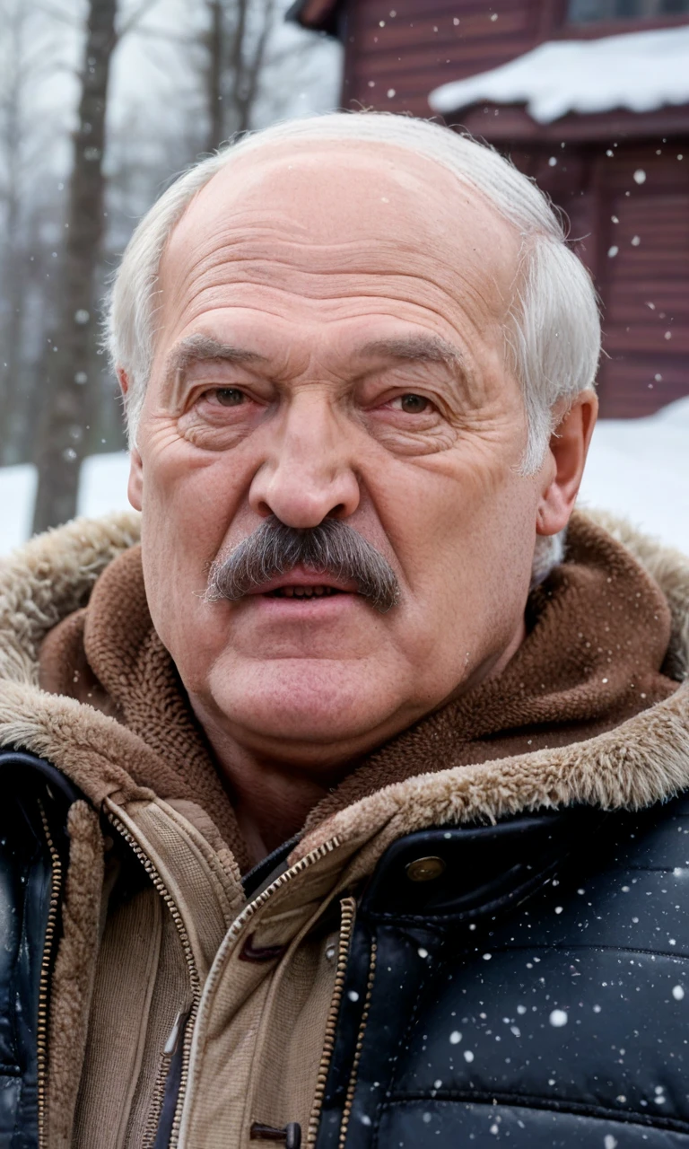 from front,upper body,looking_at_viewer,solo,(detailed face),solo,score_9, score_8_up, score_7_up, 1boy,lukashenko,grey-hair,moustache,solo,old,old man,aged_up,dark color cotton jacket,winter,snow,outdoor