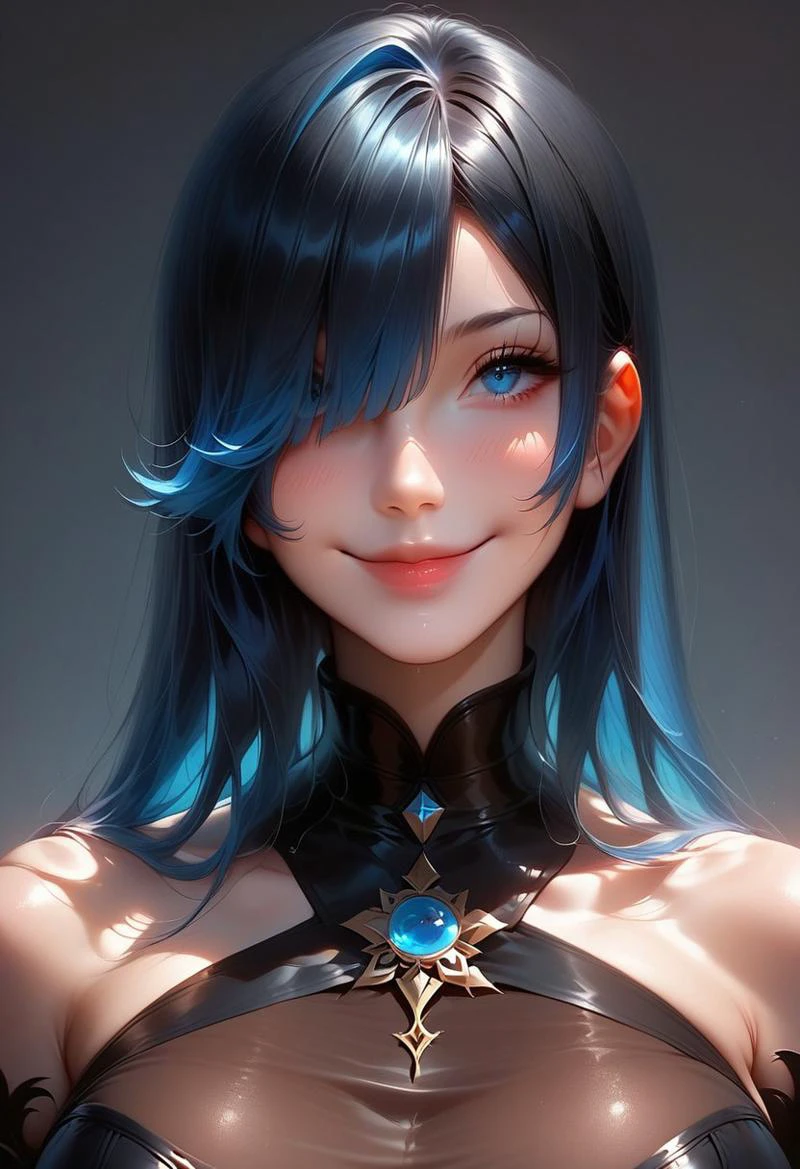 score_9, score_8_up, score_7_up, rating_safe,
HyperGlow,
1girl, solo, long hair, breasts, looking at viewer, blush, smile, bangs, blue eyes, large breasts, black hair, closed dress, gloves, dress, closed mouth, blue hair, upper body, multicolored hair, elbow gloves, hair over one eye, collar, lips, gradient hair, red lips,