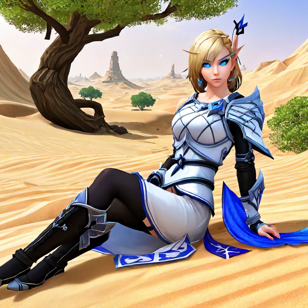 1girl, Alleria  <lora:Alleria SDXL:.7>, in the desert, blonde hair, blue eye mark, bow (weapon), best quality, reclining on tree