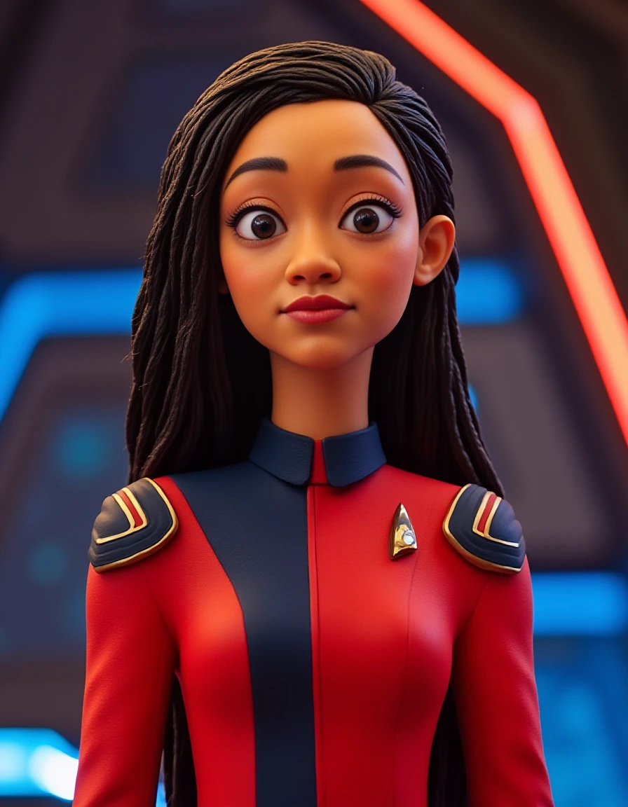 play-doh style breathtaking model  <lora:burnham-flux:1.0> captain, michael, burnham, startrek, discovery, woman, with, shirt, uniform, starfleet red discovery uniform, futuristic background, space-themed imagery , play dooh . sculpture, clay art, centered composition, Claymation