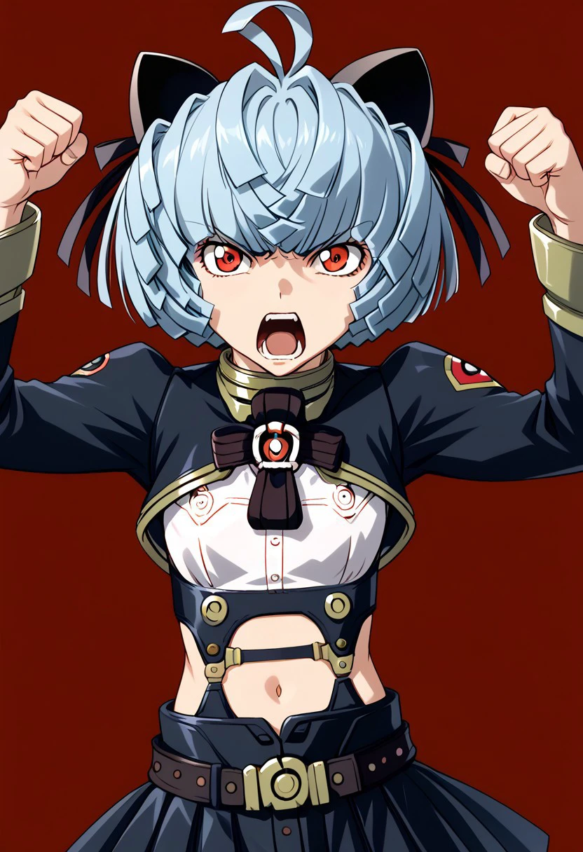 score 9, score 8 up, score 7 up, mobile suit gundam 00, gundam 00, hayana, 1girl,red eyes,blue hair, animal ears, ahoge,long sleeves, midriff, garter straps,  pleated skirt, garter belt, solo, open mouth,BREAK angry, short hair, shouting, looking at viewer, bangs