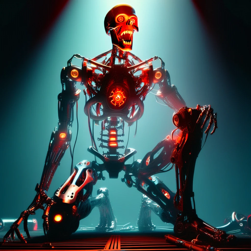 humanoid robot, on one knee, robot joints, full body, mechanical parts, solo, no humans, bald, glowing red eyes, looking away, skull nose, open mouth, teeth, mechanical arms, mechanical hands, open hands, mechanical fingers, mechanical legs, mechanical feet, horror (theme)