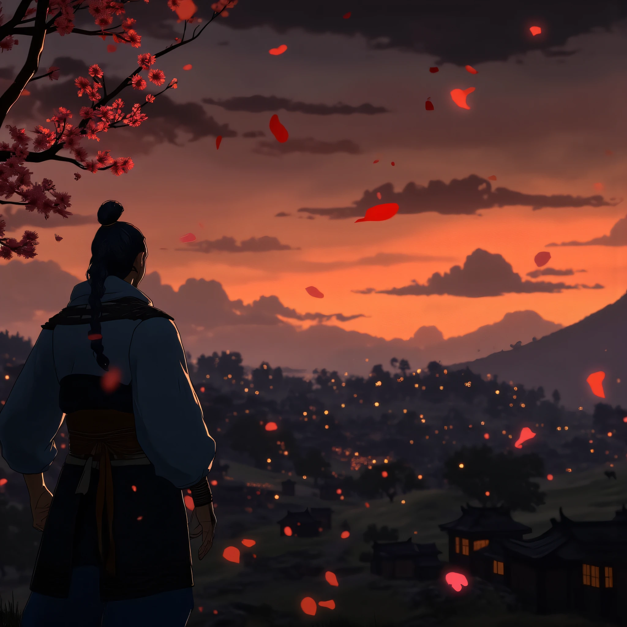 EdoEraAnime, A lone samurai standing on a hilltop at dusk, overlooking a quiet village with lanterns glowing in the distance. The sky is filled with deep orange and purple hues, and cherry blossom petals gently float through the air.
